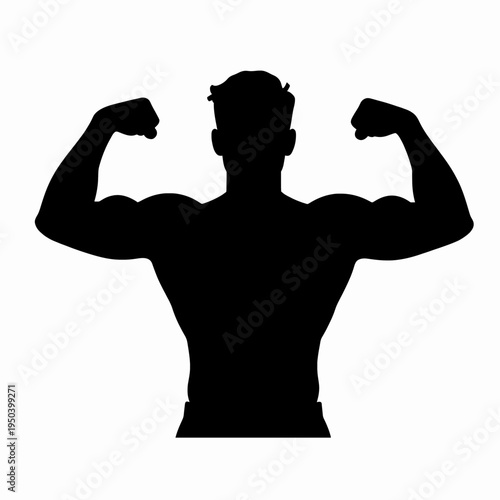 Minimalist flat vector silhouette of a muscular White man performing a double biceps bodybuilding pose, symbolizing fitness, strength, and body transformation, isolated on a white background.