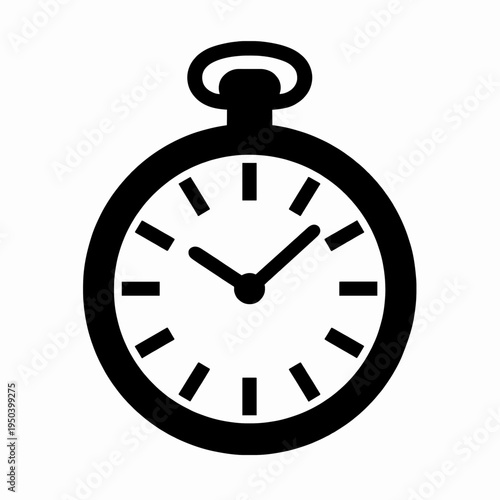 Flat vector illustration of a single vintage pocket watch, minimalist black silhouette chronometer icon for time management and precision concept, isolated on white background.