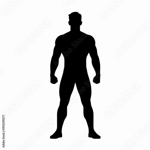 Minimalist flat vector silhouette of a fit muscular adult man standing in a confident pose, representing health, bodybuilding, and wellness, isolated on a white background