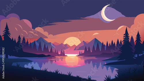 A serene flat vector landscape illustration featuring a sunset over a mountain lake and crescent moon