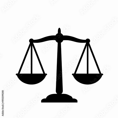 Professional black balance scale icon representing justice and legal equality for lawyers and judges in a courtroom setting, flat vector illustration symbol for law firms