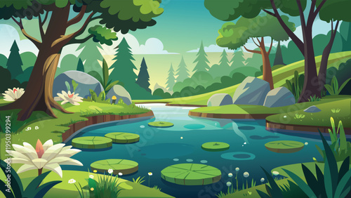 A serene cartoon illustration of a peaceful forest pond with water lilies and lush green scenery