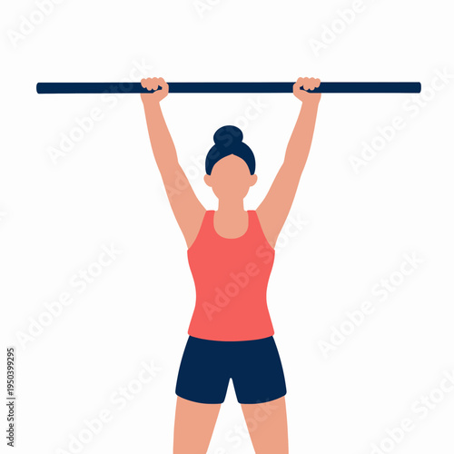 Athletic White woman in sportswear lifting a heavy barbell in a gym setting, flat vector illustration of a female weightlifter practicing strength training and fitness, minimalist exercise concept.