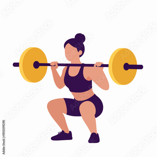 Athletic White woman performing a heavy barbell back squat at the gym, wearing a plum purple sports bra and leggings, fitness and strength training concept, flat vector illustration.