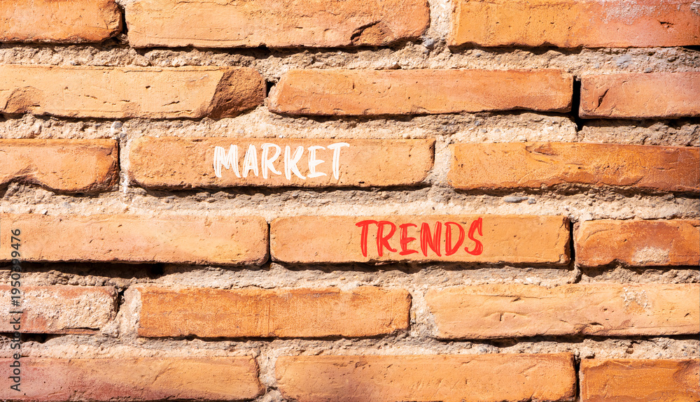 Fototapeta premium Market trends words symbol. Concept words Market trends on beautiful brick wall. Beautiful brick wall background. Business and Market trends words concept. Copy space.