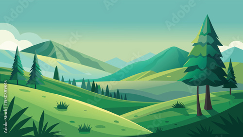A serene landscape illustration featuring rolling green hills and pine trees under a clear sky