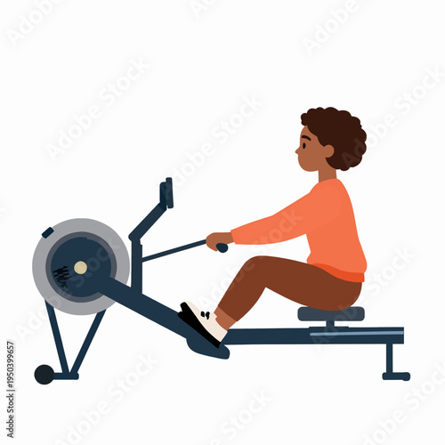 Flat vector illustration of a young Black woman wearing an orange sweatshirt exercising on a rowing machine in a gym, minimalist fitness concept with earthy tones isolated on white background.