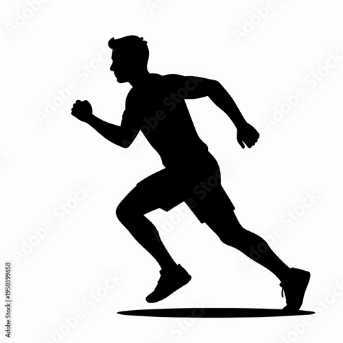 Side view of a fit adult White man running fast in a dynamic sprinting pose, minimalist black silhouette vector illustration representing fitness, athletics, and healthy lifestyle, isolated on white.