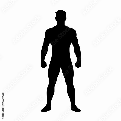 Flat Vector Silhouette of a Strong Adult White Man Standing in a Confident Fitness Pose, Minimalist Black Graphic of a Muscular Male Athlete Isolated on White for Gym and Bodybuilding Concepts