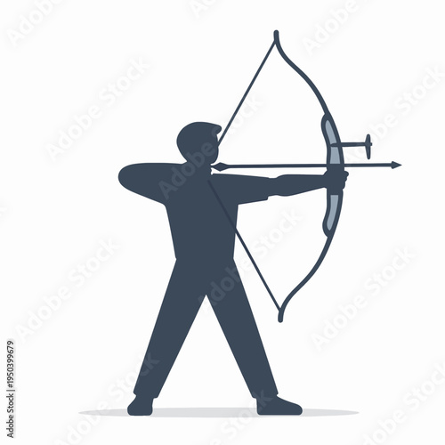 Minimalist flat vector illustration of a focused East Asian male archer in athletic wear practicing archery outdoors, professional athlete drawing a recurve bow during a daytime training session.