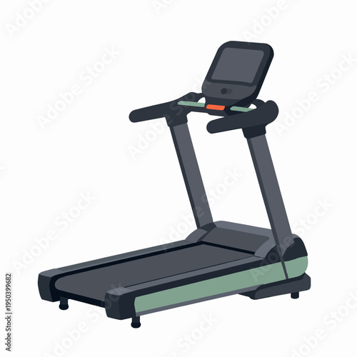 Single modern electric treadmill for home fitness, minimalist flat vector illustration of cardio workout equipment, charcoal and sage green gym gear isolated on white background for health concept