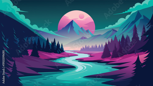 A serene synthwave landscape featuring a vibrant pink moon rising over majestic mountain peaks
