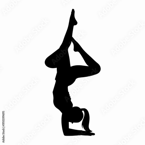 Athletic adult Black woman gymnast performing a graceful handstand with bent legs, minimalist flat vector silhouette of a female acrobat in a fitness studio, strength and flexibility concept.