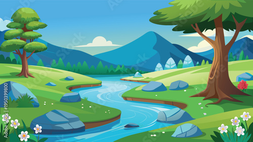A serene cartoon landscape featuring a winding river flowing through a lush green valley scenery