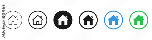 House home icons set in circle buttons with outline and filled styles, representing homepage, housing and navigation in web and mobile interfaces.