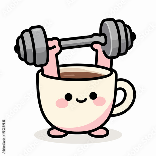 Cute personified coffee cup character acting as a fitness enthusiast straining to lift a heavy dumbbell, expressive kawaii style for health and motivation concept, flat vector illustration on white