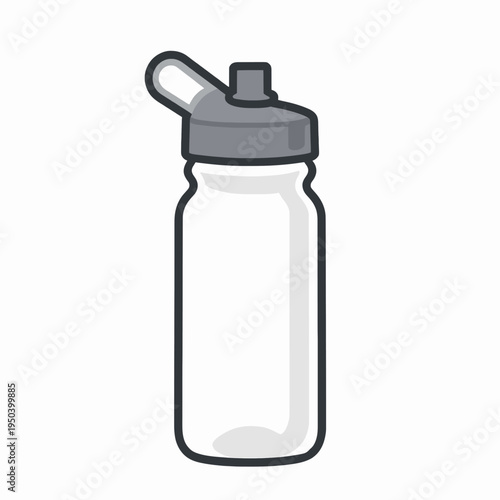 Minimalist flat vector illustration of a single reusable white sports water bottle with a grey straw cap, isolated on white background, representing fitness, hydration, and eco-friendly lifestyle.