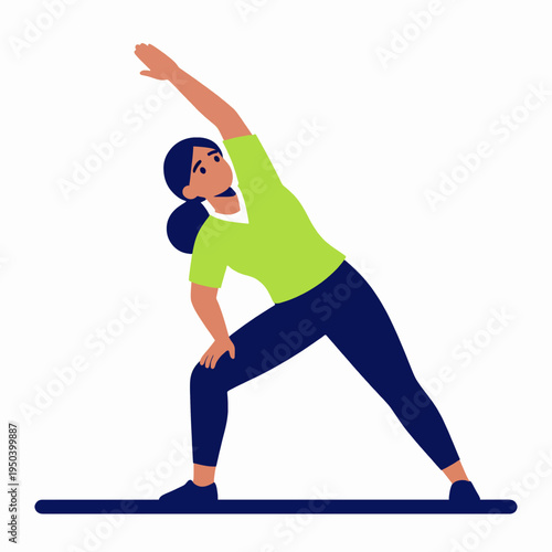 Adult South Asian woman in professional attire doing a side yoga stretch in a modern office, calm focused mood, promoting corporate wellness and work-life balance during a healthy break.