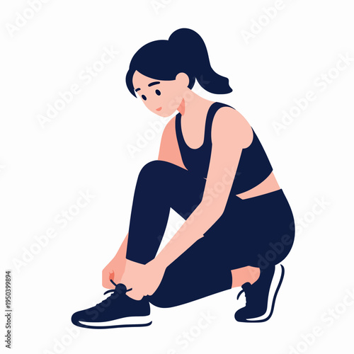 Focused young adult East Asian woman in black athletic leggings and sports bra crouching to tie her sneaker shoelaces while preparing for a morning workout, fitness and healthy lifestyle concept.