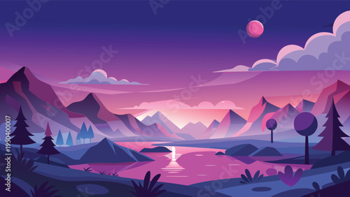 A serene mountain landscape featuring a calm river reflecting the vibrant pink hues of a sunset