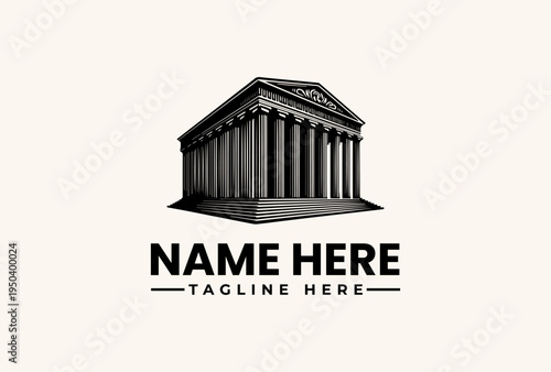 Vector illustration of a classic building icon with columns and a triangular roof, featuring placeholder text for a logo or pictogram on a plain background.
