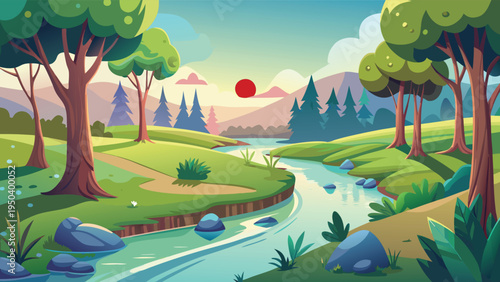 A serene landscape illustration featuring a flowing river through a lush forest at golden sunset