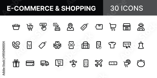 E-Commerce & Online Shopping Line Icons Set – Minimal Retail, Cart, Payment, and Delivery Vector Icons