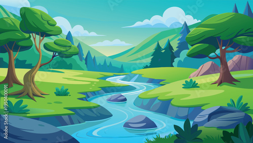 A serene cartoon landscape featuring a winding blue river flowing through lush green hills and trees