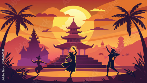 Silhouettes of people dancing in front of an asian temple during a vibrant sunset in the tropics