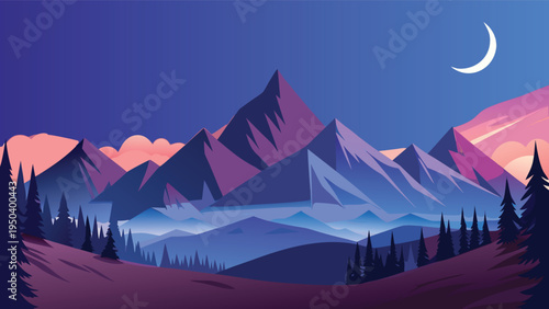 A serene mountain landscape featuring a glowing crescent moon over a misty purple forest valley