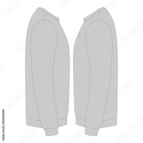 Crewneck Sweatshirt Vector Mockup Side Profile Views, Blank Grey Long Sleeve Pullover Fashion Template for Tech Pack and Custom Merchandise Design.