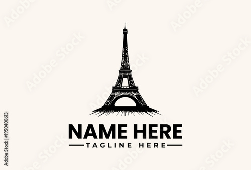 A black vector illustration of the Eiffel Tower with a placeholder text logo on a beige background, featuring a simple icon design.