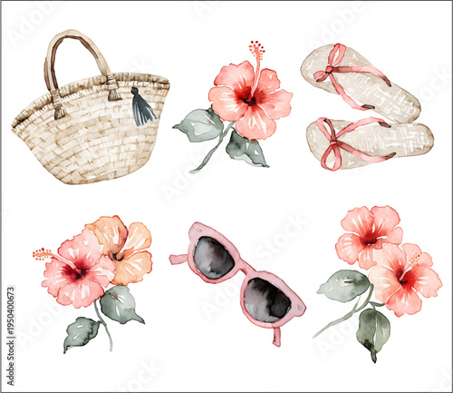 Summer beach watercolor elements set with hibiscus flowers flip flops straw bag and sunglasses