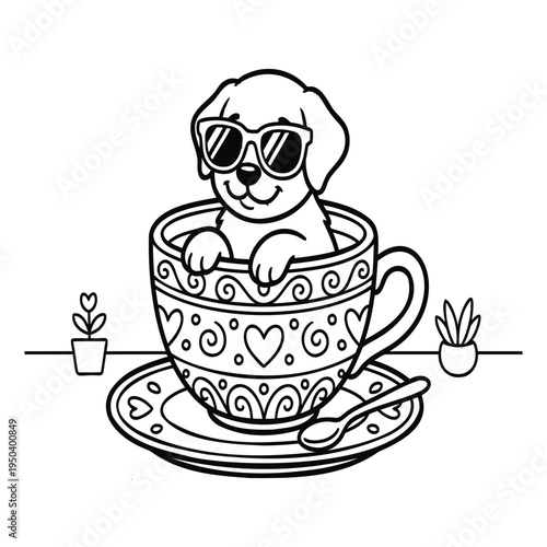 Cartoon vector illustration of a cup of coffee and tea with cake on a saucer in a cozy cafe breakfast style design