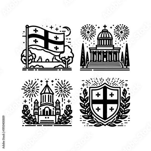 Georgian Flag Cross Icon – Independence Restoration Day Outline Duo-Tone Vector, National Symbol, Clean Line Design, White Background

