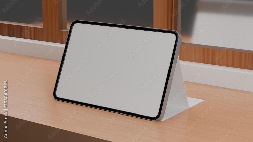 Fototapeta premium Tablet Mockup on Modern Desk Interior Scene with Minimal Objects, Blank Digital Screen Template for UI UX Design and Application Interface Display