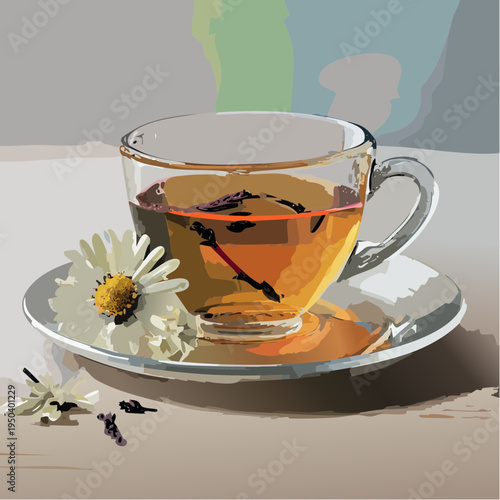 Aromatic Herbal Chamomile Tea in Transparent Glass Cup with Fresh Flower Vector Illustration