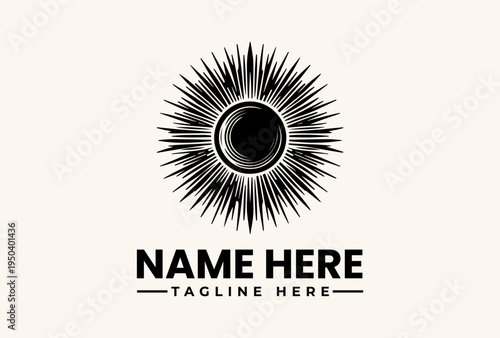 A black and white logo design featuring a stylized sunburst icon with a central circle and bold text placeholders on a clean background, ideal for a business or brand identity.