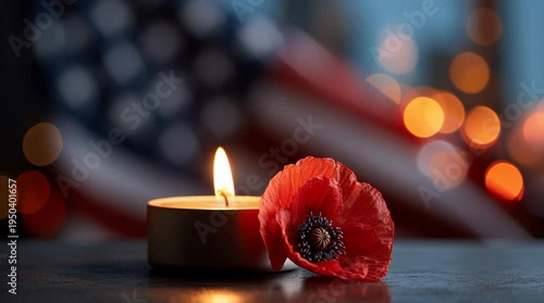 A lit candle beside a red poppy flower, symbolizing remembrance. The background features a blurred American flag, evoking themes of Anzac Day and Memorial Day.