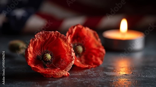 Red poppies and a lit candle on a dark surface, symbolizing remembrance for soldiers on Anzac Day and Memorial Day. Background features an American flag.