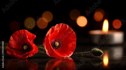 Two red poppies placed on a dark surface with a soft candlelight glow in the background. Symbolizes remembrance for fallen soldiers on Anzac Day.