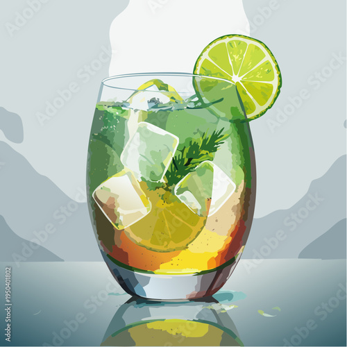 Vector Illustration of a Refreshing Gin and Tonic Cocktail with Lime and Ice in a Modern Glass