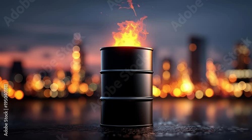 A black barrel burning with flames against a blurred city skyline at dusk. The scene symbolizes oil price hikes and geopolitical tensions.