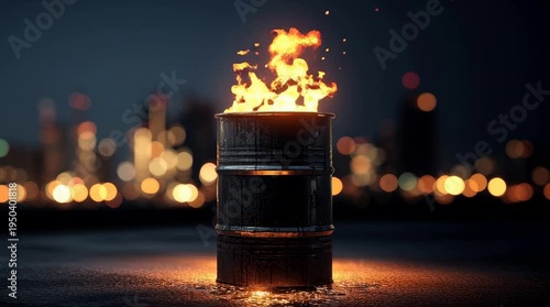 A burning oil barrel emits flames and sparks against a blurred city skyline at night. The scene symbolizes geopolitical tensions and rising oil prices.