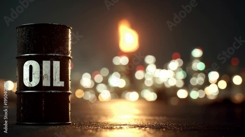 A black oil barrel labeled 'OIL' stands prominently in the foreground. A flame burns in the background, with blurred city lights creating a dramatic atmosphere.