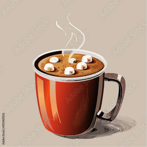 Cozy Vector Illustration of a Steaming Red Mug of Hot Chocolate with Mini Marshmallows