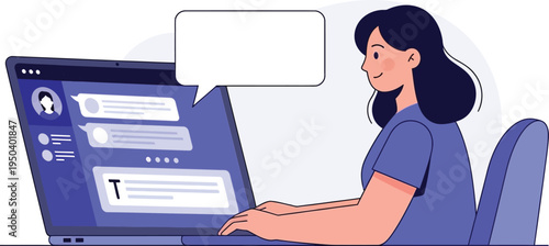 Woman Using AI Chatbot on Laptop - Flat Vector Illustration