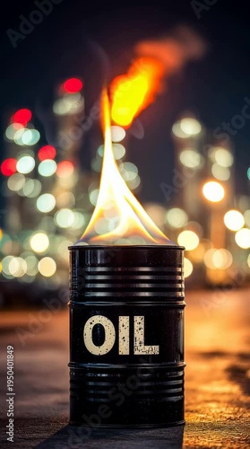A black oil barrel with flames on top, set against a blurred city skyline at night. The scene symbolizes the impact of geopolitics on oil prices.
