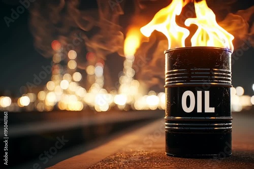 A black oil barrel with the word 'OIL' printed on it, burning at night. In the background, blurred industrial structures with flames, symbolizing oil production and geopolitics.