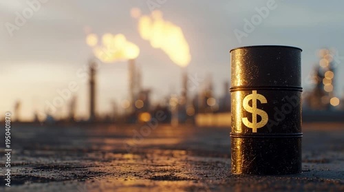 A black oil barrel with a dollar sign stands on a wet surface. In the background, an oil refinery is visible with flames and smoke, symbolizing the oil industry and geopolitics.